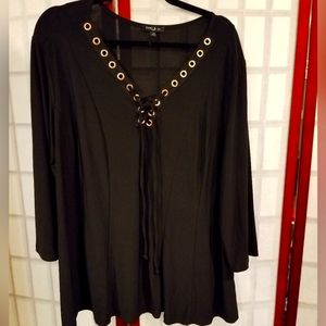 Black tie front top with copper metal detail.